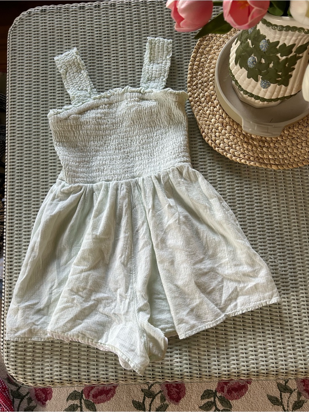 American Eagle Outfitters Pale Mint Smocked Romper